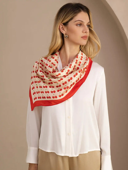 100% Mulberry Silk Cherry Pattern Scarf - Size 90x90cm