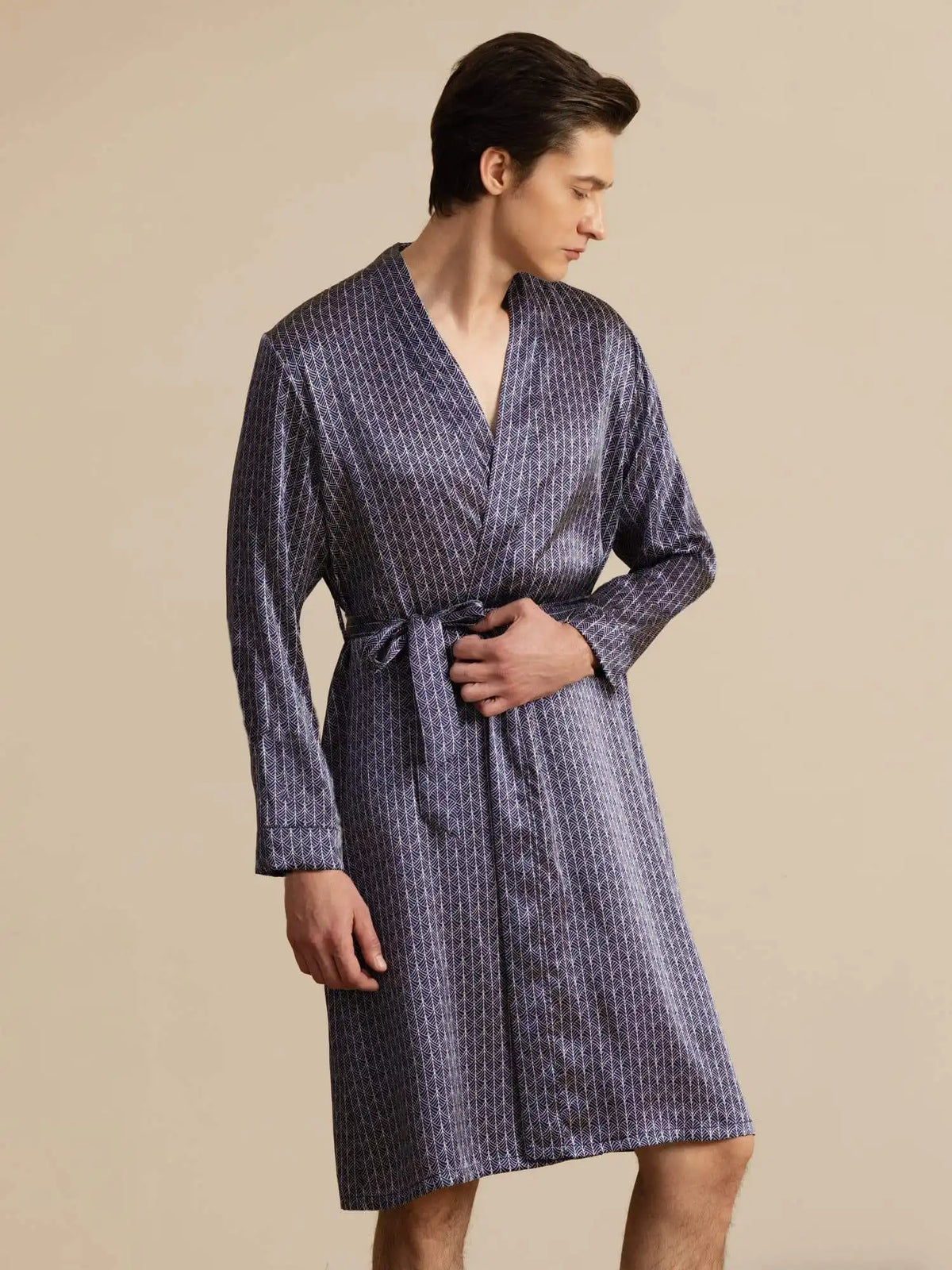 100% Mulberry Silk Men’s Knee Length Ginkgo Printed Robe With Belted Design