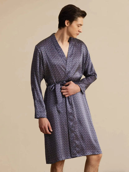 100% Mulberry Silk Men’s Knee Length Ginkgo Printed Robe With Belted Design