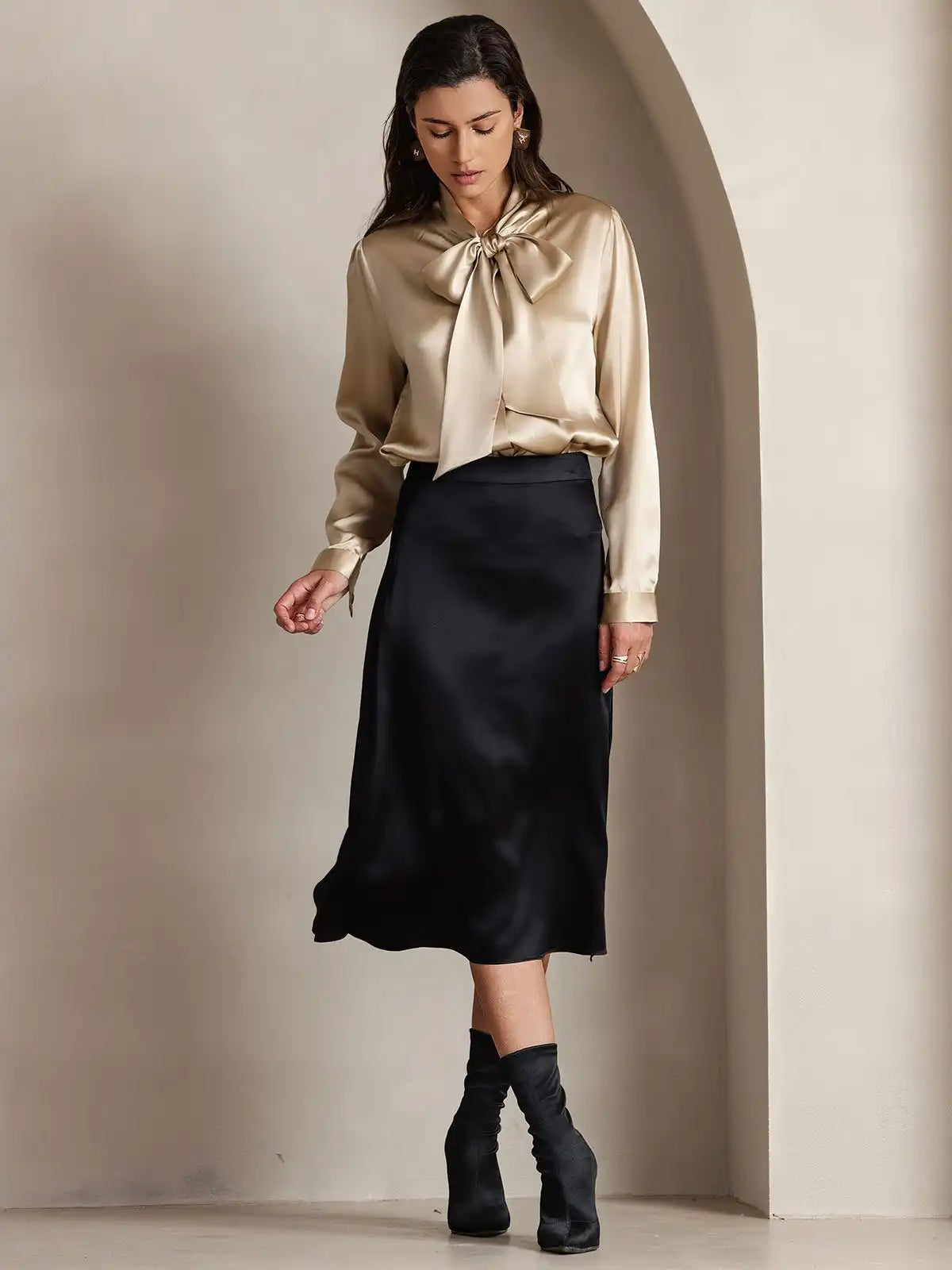 Clearance - Elegant 19Momme Silk Long Sleeve Tie Neck Blouse
