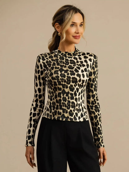 100% Mulberry Silk Wild Animal Print Women's Long Sleeve Mock Neck Top