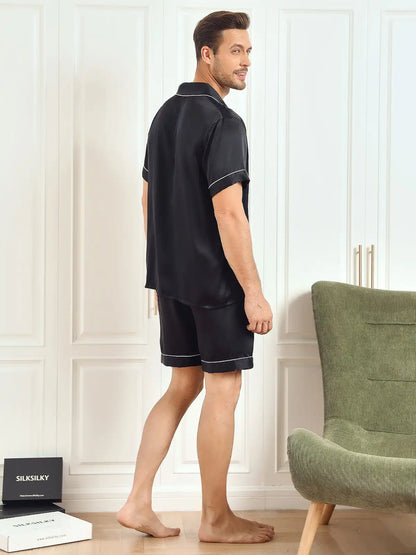 100% Mulberry Silk Short Sleeve Notch Collar Men's Pajamas Set with Shorts