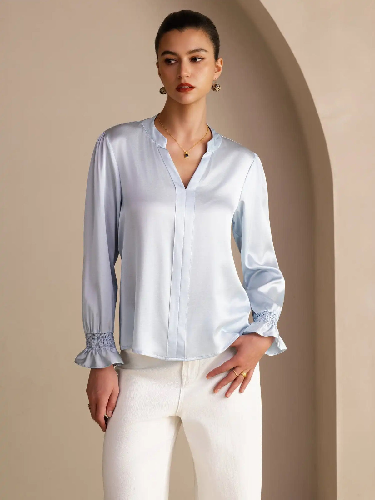 19Momme Silk Women’s Split Neck Long Sleeve Blouse