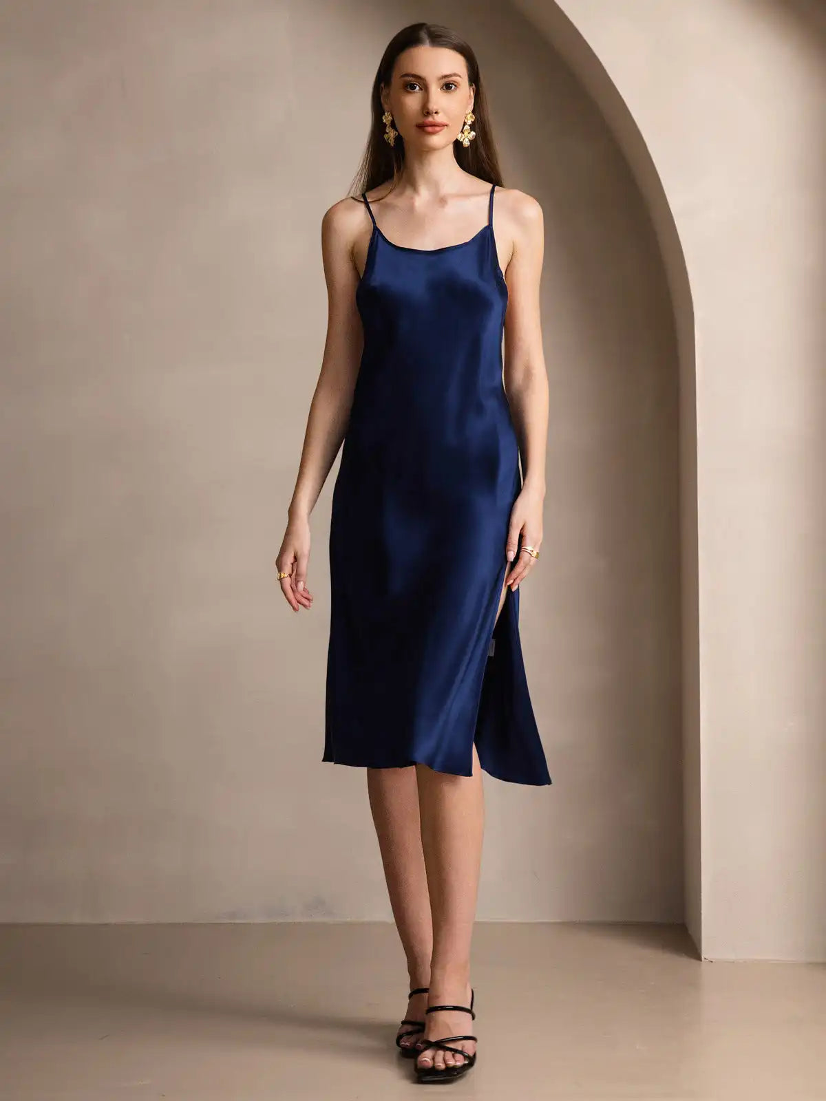 Elegant 100% Mulberry Silk Cross Backless Midi Dress with Side Slit