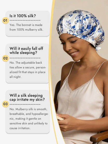 100% Mulberry Silk Sleep Bonnet with Ribbons