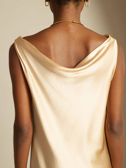 19Momme Silk Sleeveless Cowl Neck Knee Elegant Dress