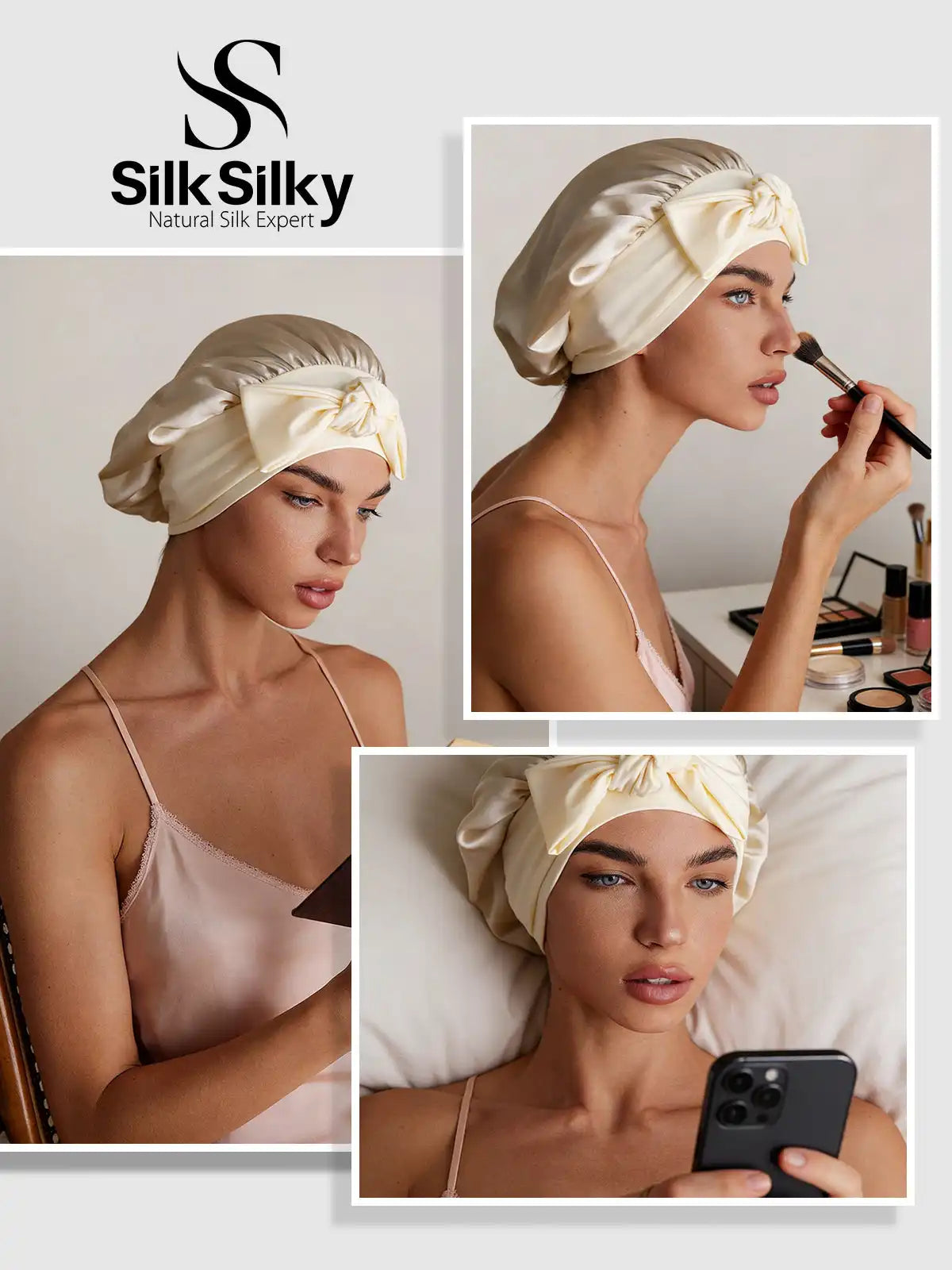 100% Mulberry Silk Bonnet Bowknot Tie Sleep Cap for Hair Protection