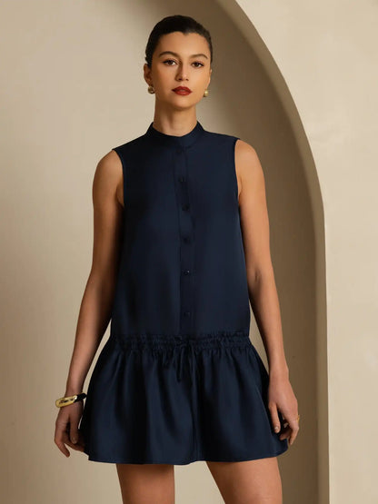 Clearance - Pure Silk Sleeveless Short Dress With Adjustable Drawstring Drop Waist
