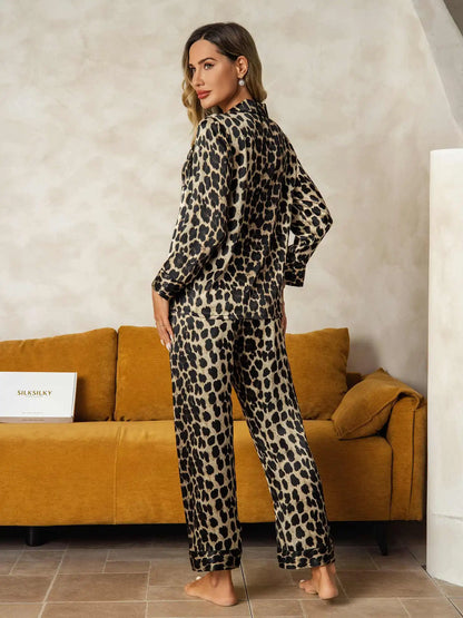 Women's 100% Mulberry Silk Leopard Print Long Sleeve Notch Collar Pajamas Set With Pants