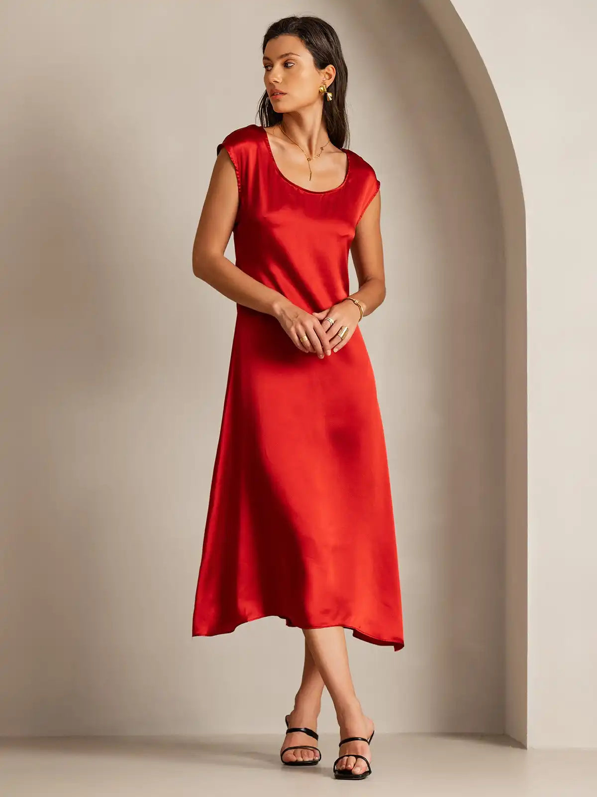 19Momme Silk Cap Sleeve Round Neck Midi Dress