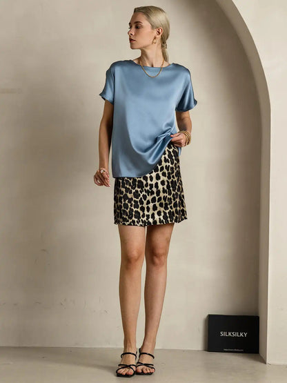 19Momme Silk Short Sleeve Boat Neck Cuffed Sleeve Women's T-Shirt