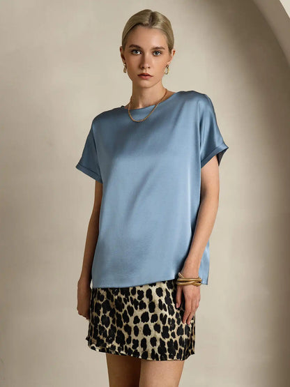 19Momme Silk Short Sleeve Boat Neck Cuffed Sleeve Women's T-Shirt