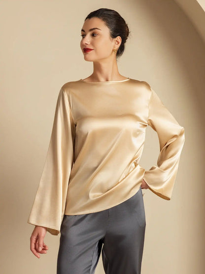 19Momme Silk Bell Sleeve Boat Neck Women's Top