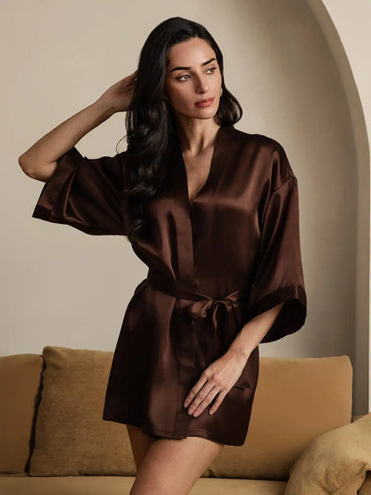 100% Mulberry Silk 3/4 Sleeve Short Women's Kimono Robe with Wrap Design