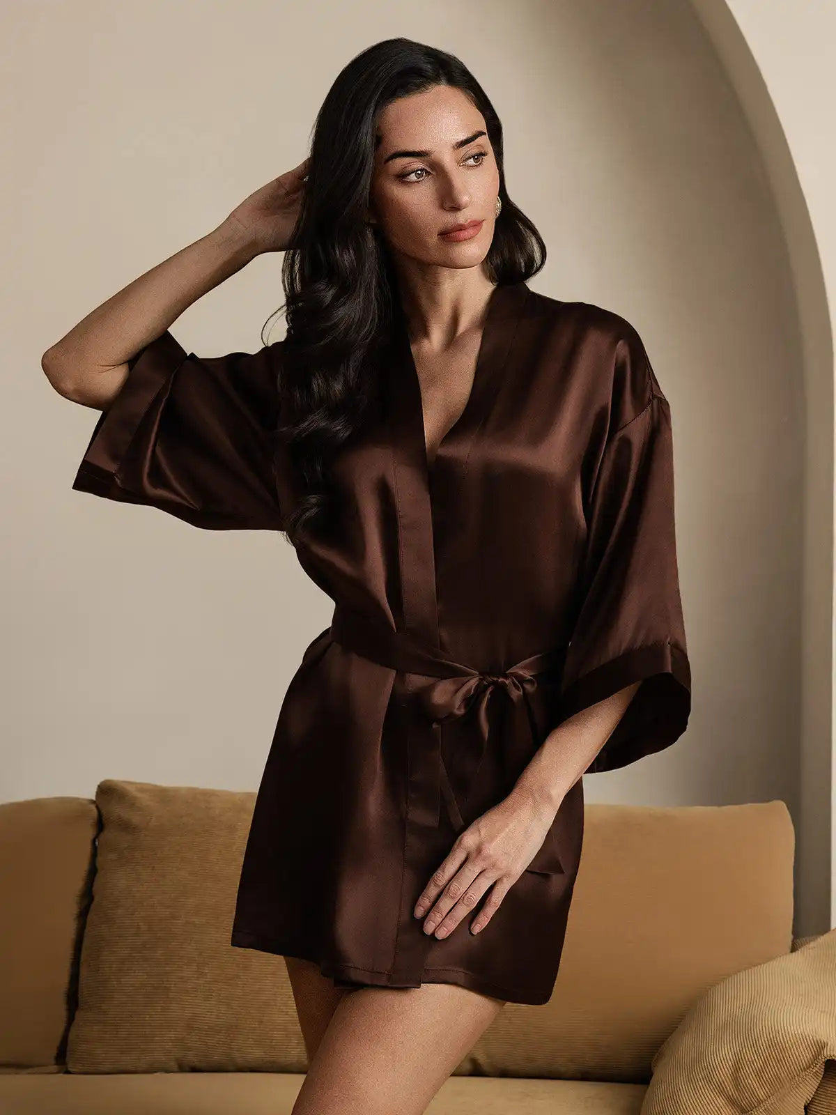 100% Mulberry Silk Short Women's Kimono Robe with Wrap Design