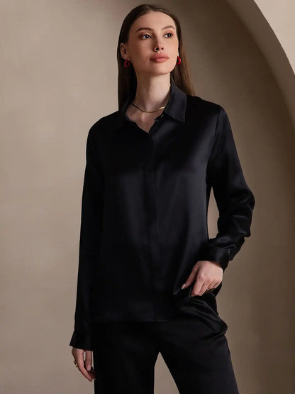 19Momme Silk Long Sleeve Lapel Collar Women's Shirt