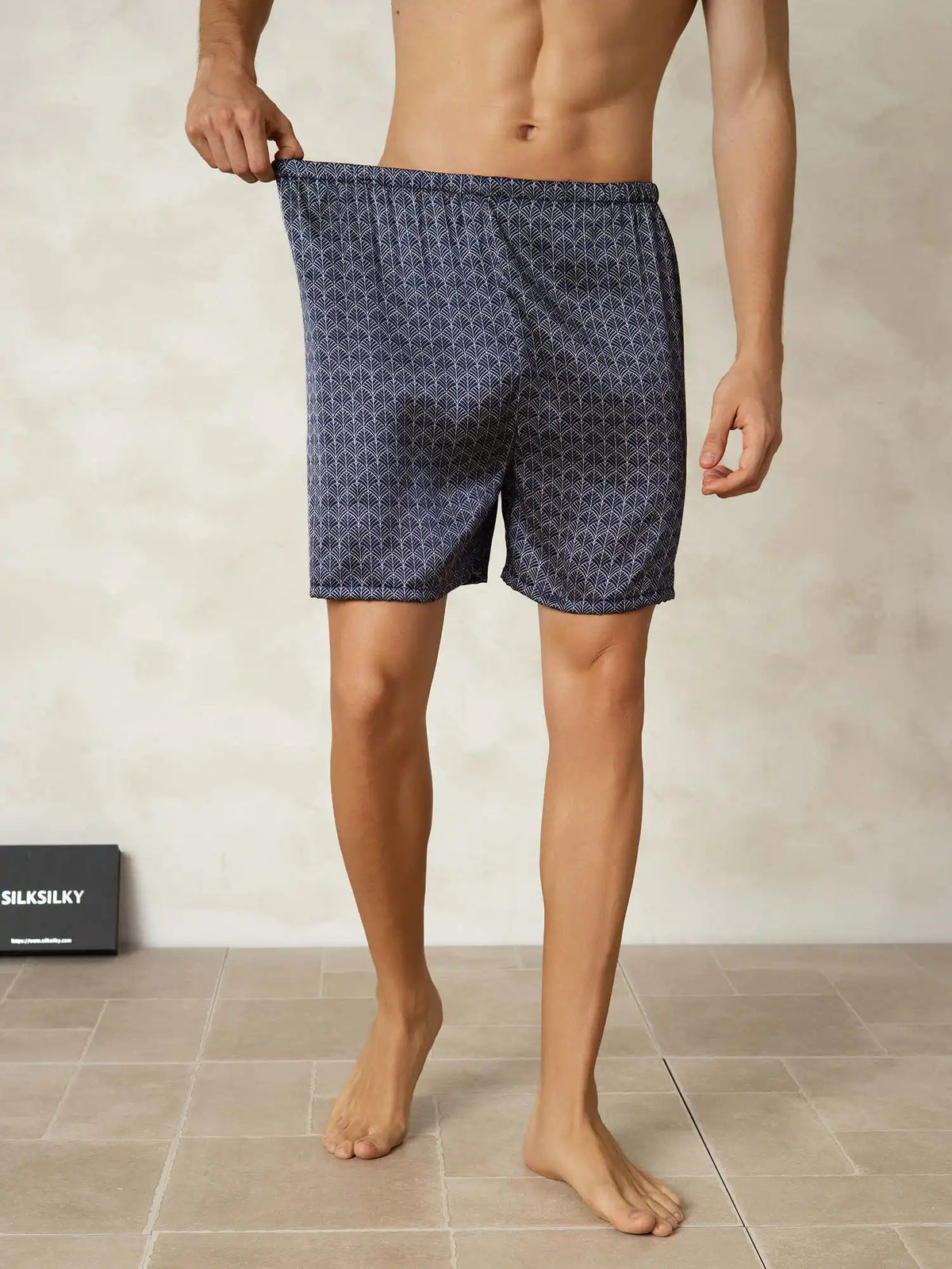 100% Mulberry Silk Ginkgo Print Elastic Waist Men's Sleep Shorts