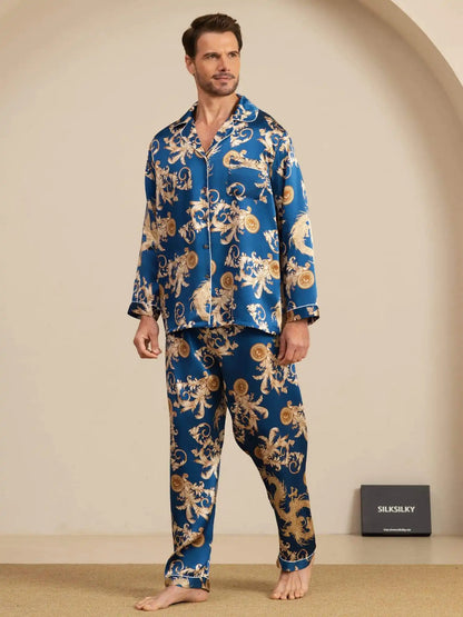 100% Mulberry Silk Men's Dragon Print  Long Sleeve Notch Collar Pajamas Set