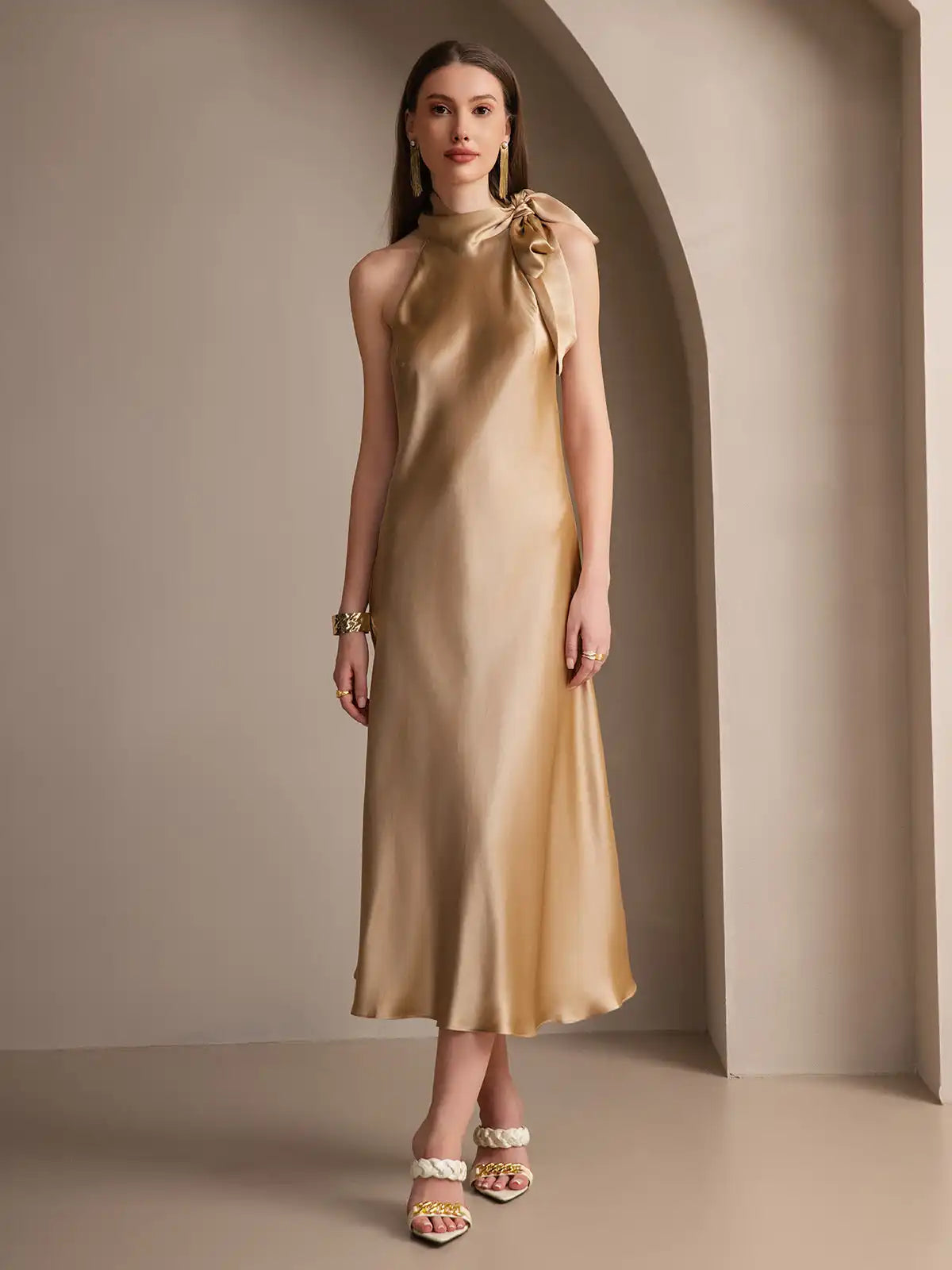 19Momme Silk Sleeveless Tie Neck Midi Dress