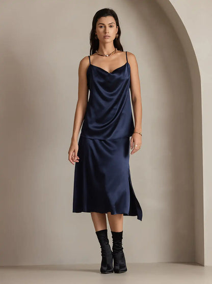Clearance - 19Momme Silk A Line Long Slit Skirt with Zipper Design