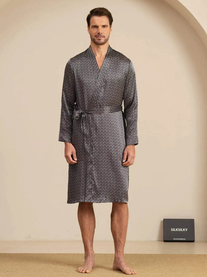 100% Mulberry Silk Men’s Knee Length Ginkgo Printed Robe With Belted Design