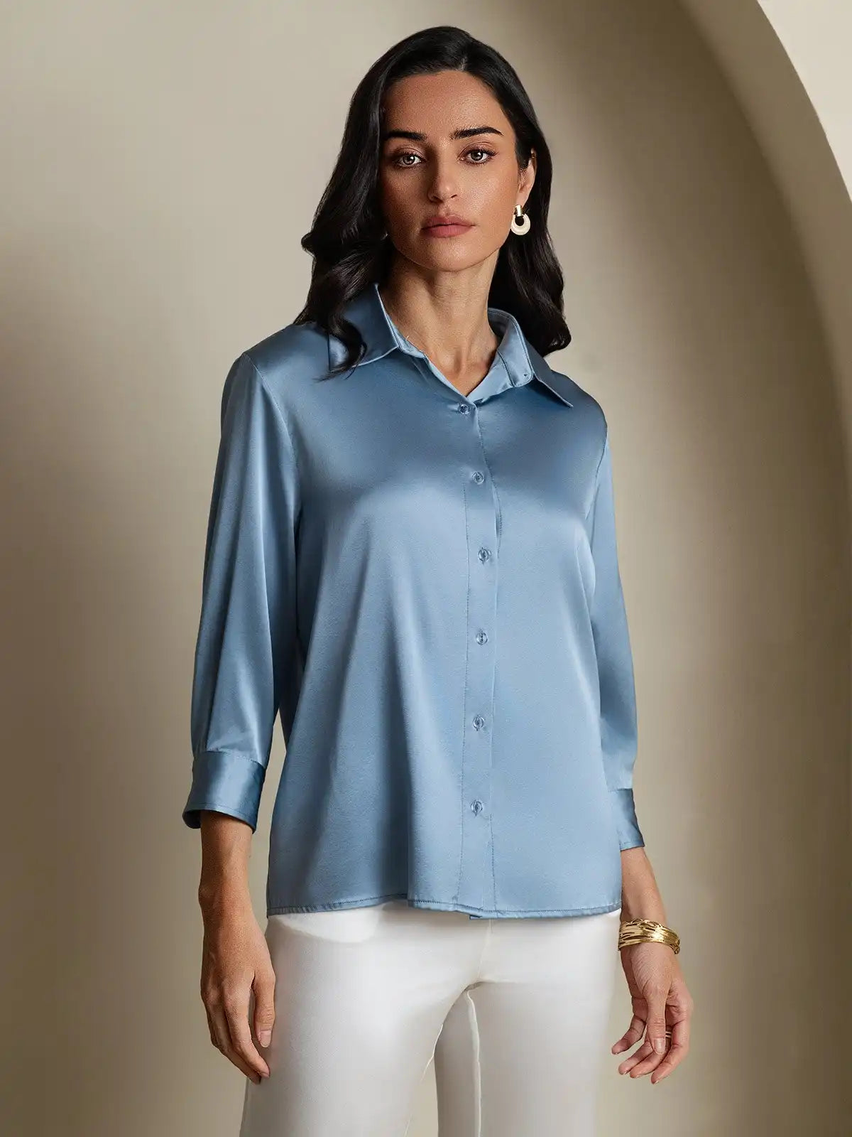 19Momme Silk 3/4 Sleeve Lapel Collar Women's Shirt with Button Up Design