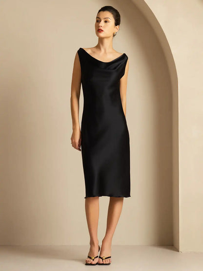 19Momme Silk Sleeveless Cowl Neck Knee Elegant Dress