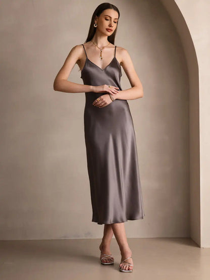 100% Mulberry Silk Spaghetti Strap Midi Long Dress