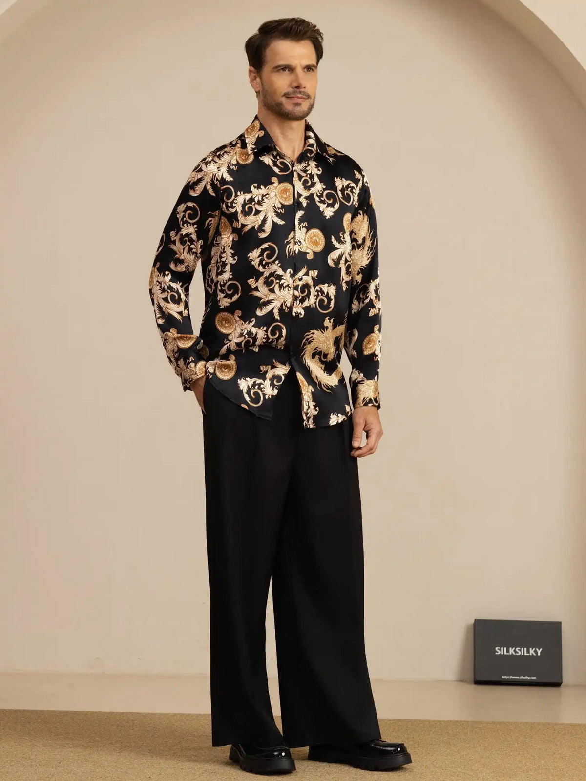 Pure Silk Men's Long Sleeve Lapel Collar Dragon Print Shirt