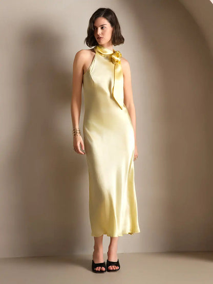 Clearance - 19Momme Silk Sleeveless Tie Neck Midi Dress