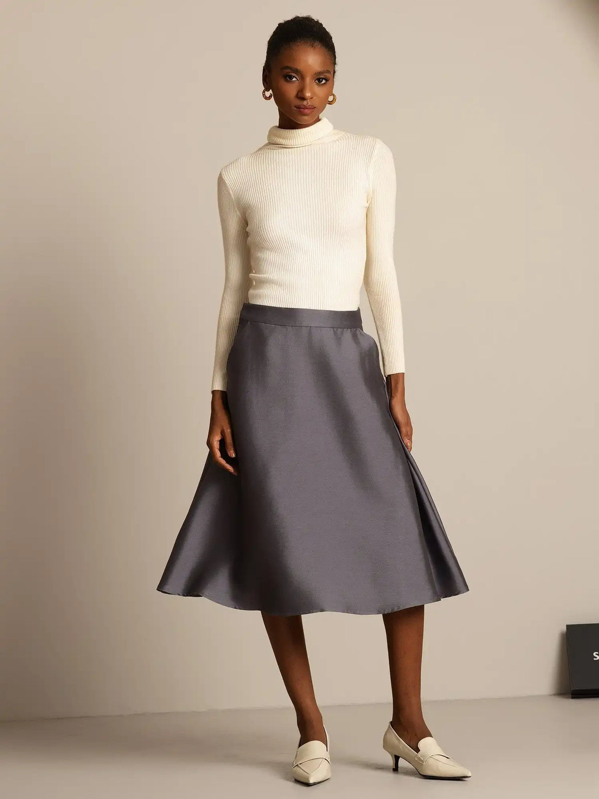 32Momme Silk-Wool Blend  A Line Midi Skirt with Zipper Deign