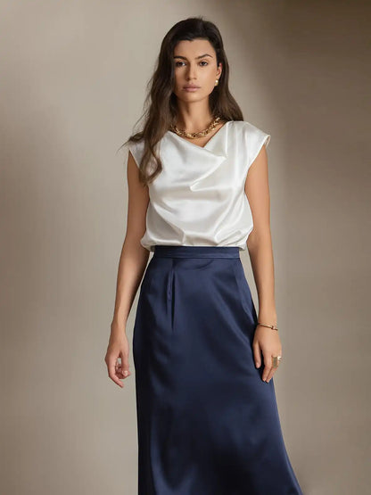 19Momme Silk Cap Sleeve Cowl Neck Women's Top