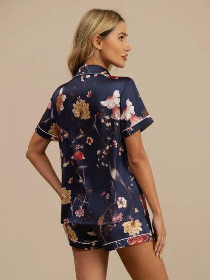 19Momme Silk Women's Navy Floral Print Short Sleeve Lapel Collar Button Up Pajamas Set