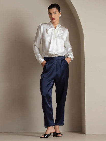 Elegant 19Momme Silk Long Sleeve Tie Neck Blouse