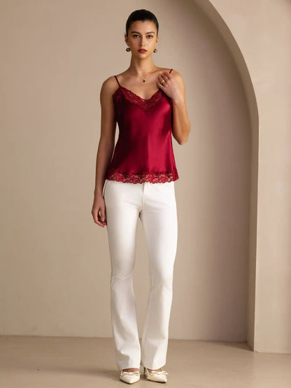 100% Mulberry Silk Women's Spaghetti Strap V Neck Lace Trim Camisole Top