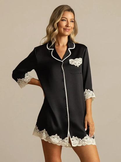 100% Mulberry Silk Button Up Nightshirt with Lace Design