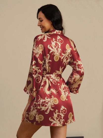 100% Mulberry Silk Dragon Print 3/4 Sleeve Women's Kimono Robe With Belt