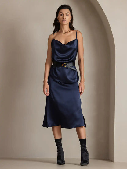 Clearance - 19Momme Silk A Line Long Slit Skirt with Zipper Design