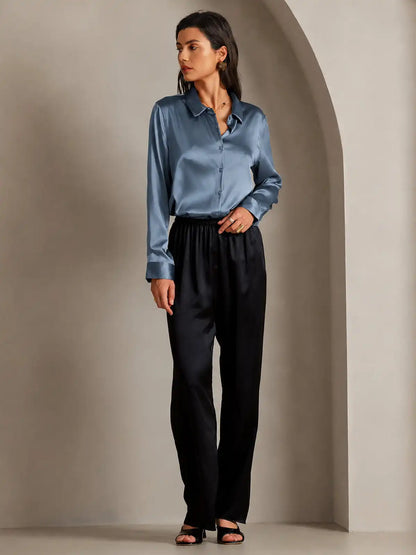 19Momme Silk Long Sleeve Lapel Collar Women's Shirt with Button Up Design