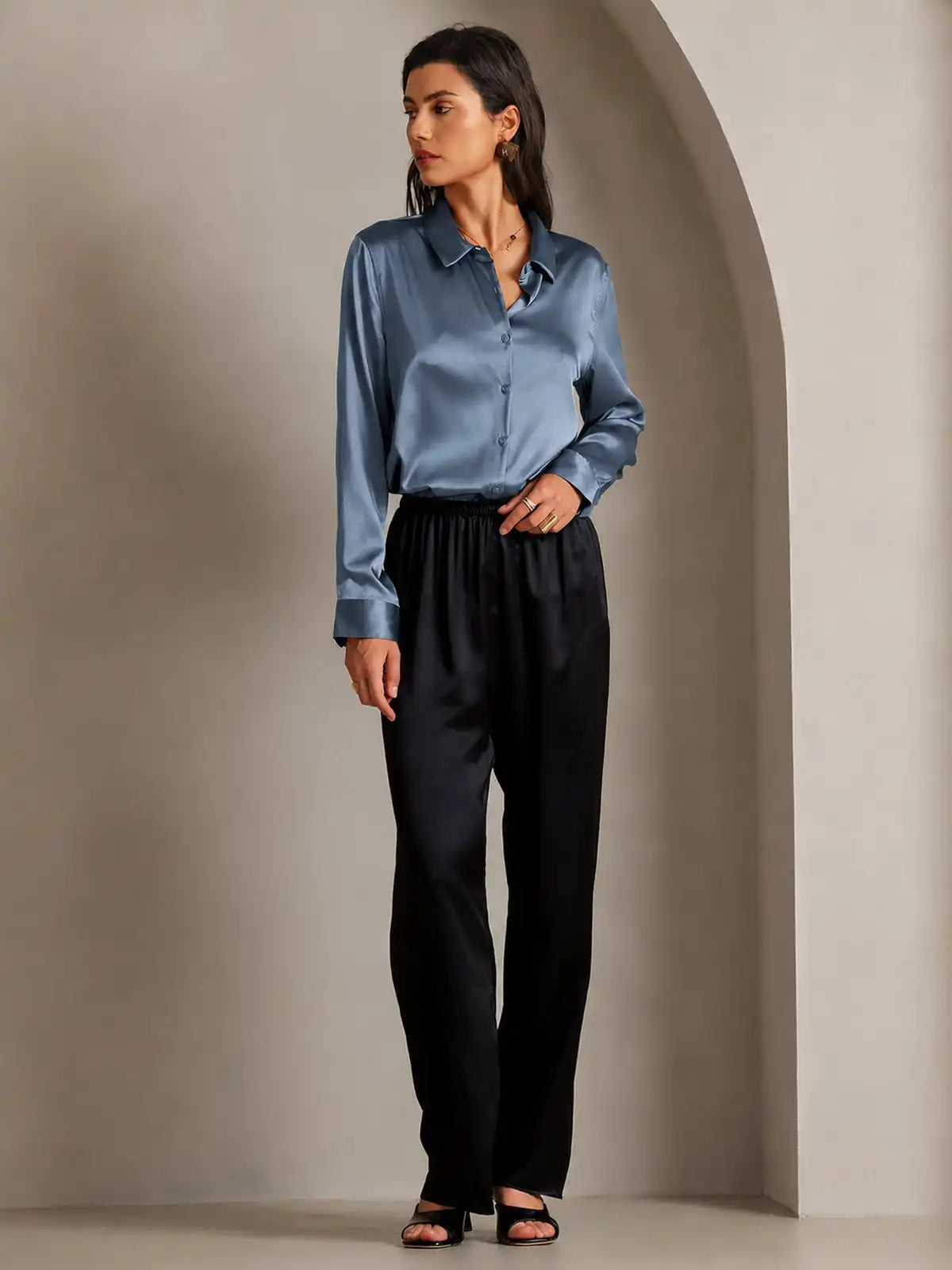 19Momme Silk Long Sleeve Lapel Collar Women's Shirt