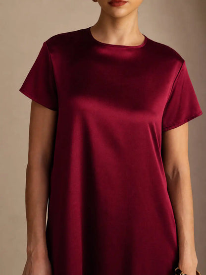 19Momme Silk Short Sleeve Crew Neck  Midi Dress With Side Pockets