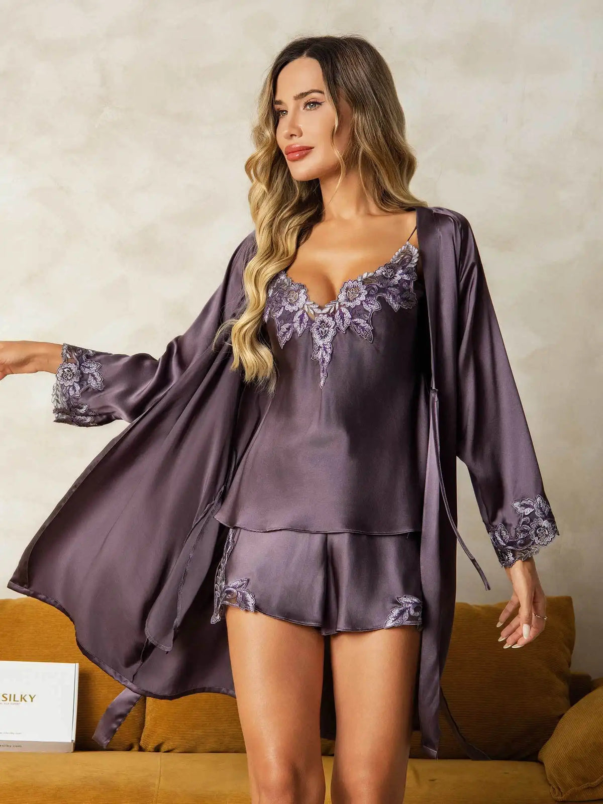 Elegant 100% Mulberry Silk Lace Trimmed Robe and Camisole Set 3Pcs