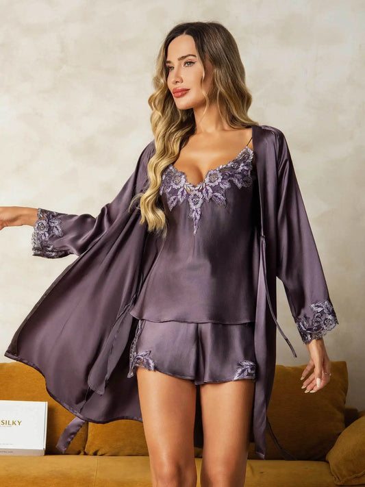 Elegant 100% Mulberry Silk Lace Trimmed Robe and Camisole Set 3Pcs