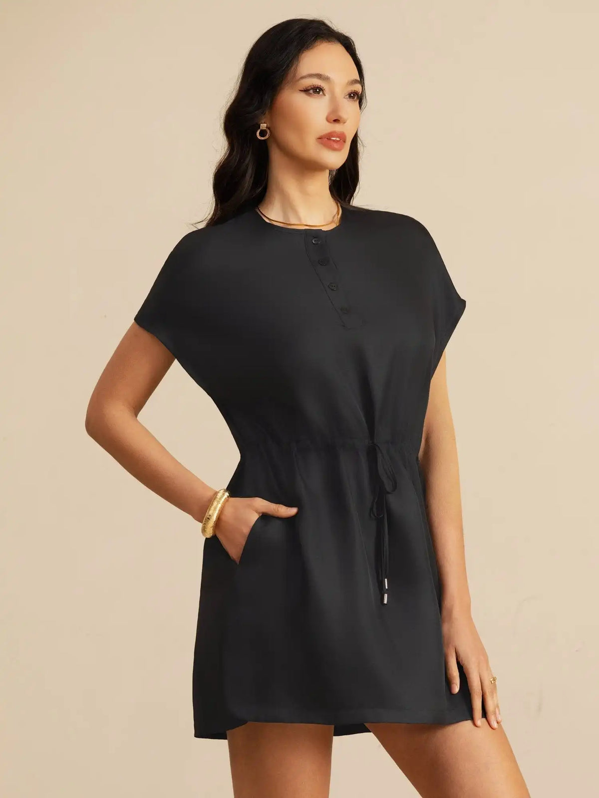 Clearance - 100% Mulberry Silk Henley Neck Cap Sleeve Short Dress With Drawstring