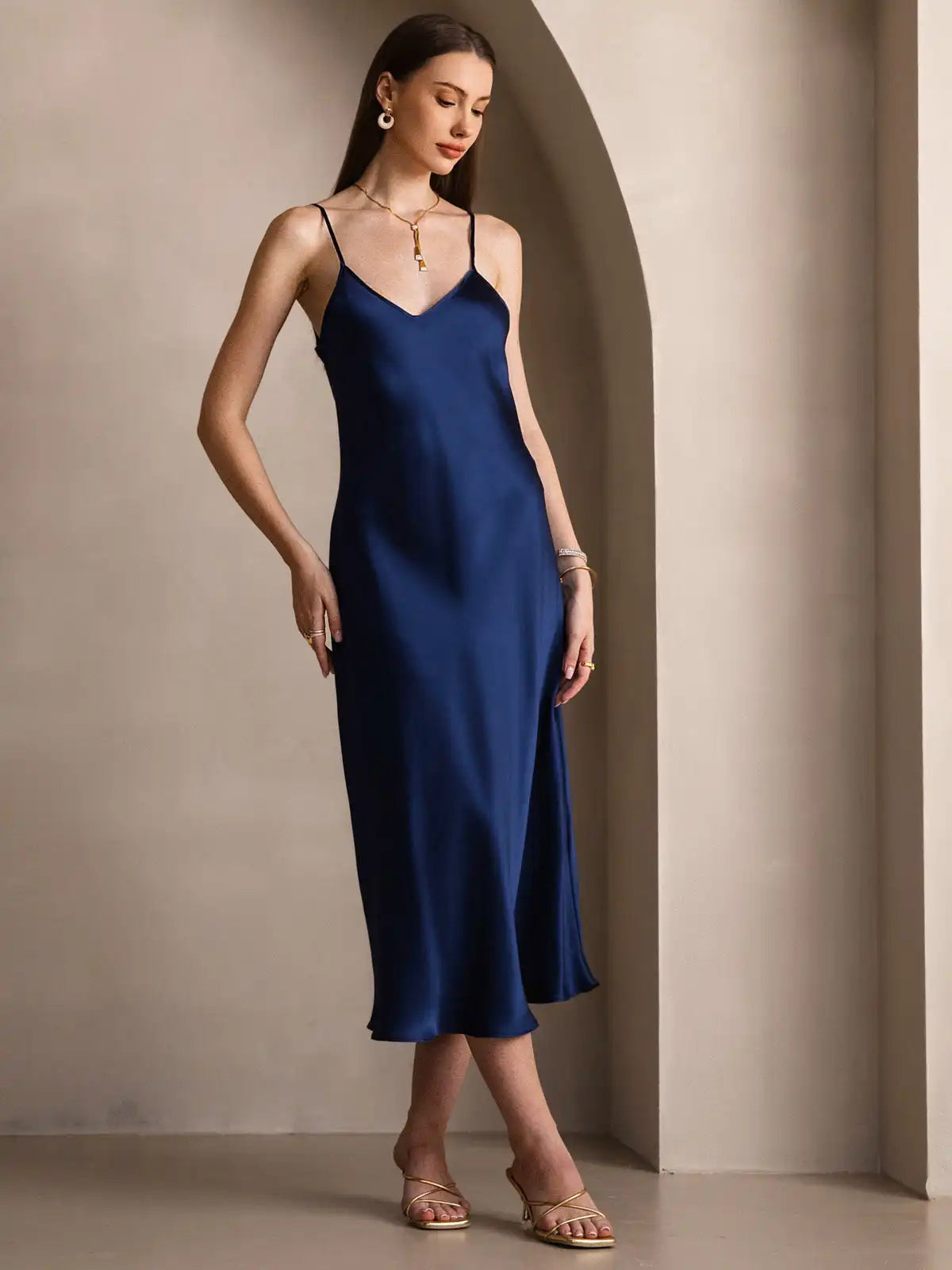 100% Mulberry Silk Spaghetti Strap Midi Long Dress