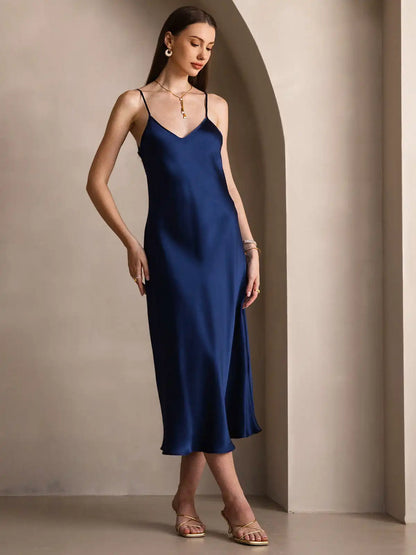 100% Mulberry Silk Spaghetti Strap Midi Long Dress