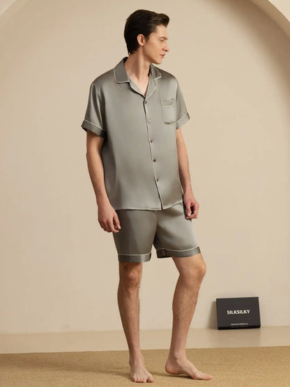 100% Mulberry Silk Short Sleeve Notch Collar Men's Pajamas Set with Shorts