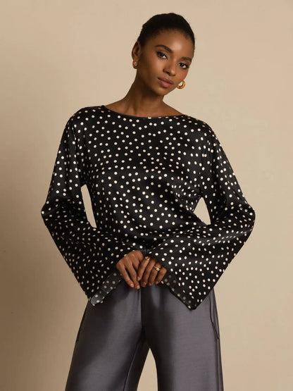 19Momme Women's Silk Polka Dot Print Bell Sleeve Boat Neck Top