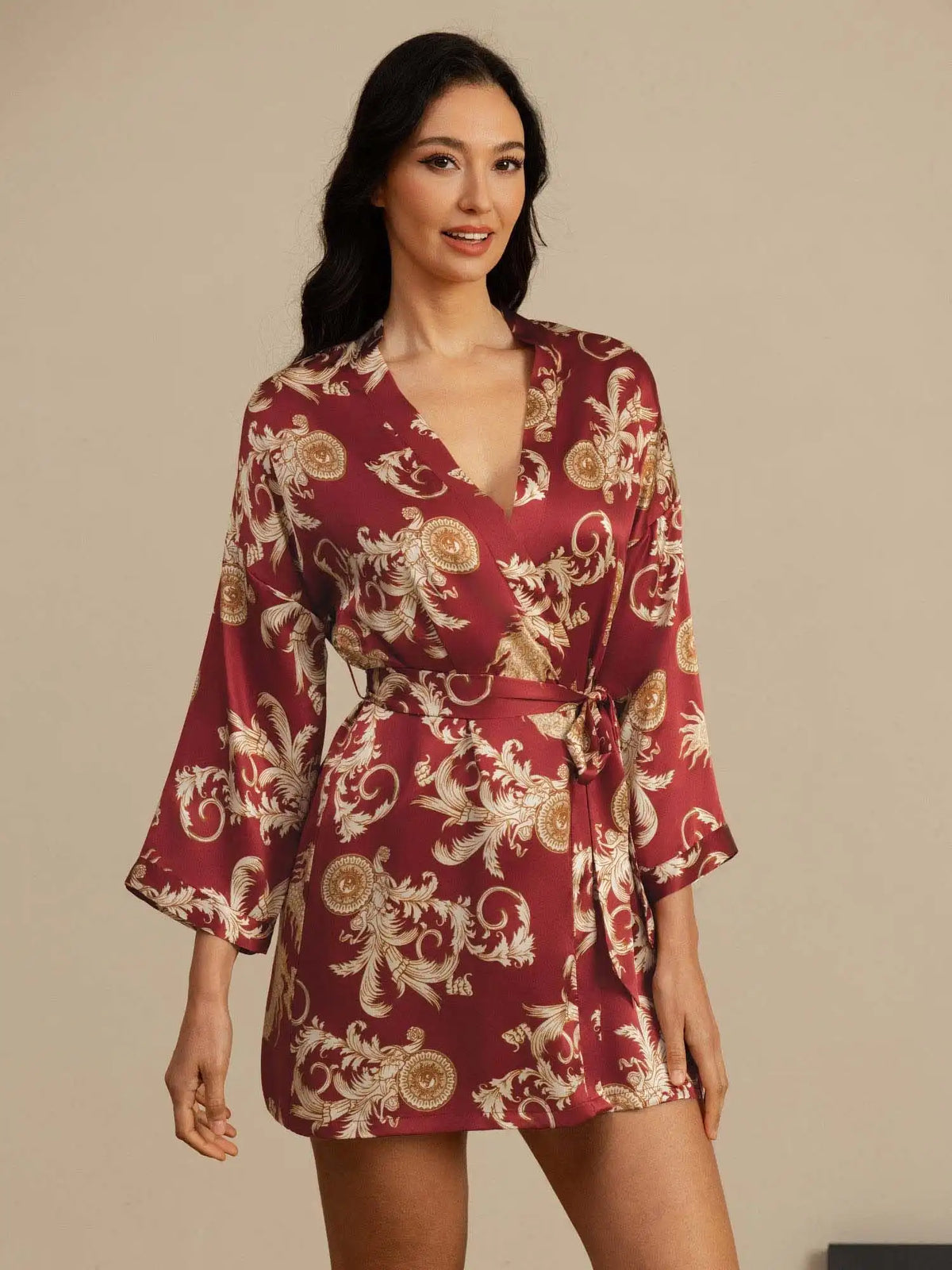 Clearance - 100% Mulberry Silk Dragon Print 3/4 Sleeve Women's Kimono Robe With Belt