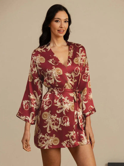 Clearance - 100% Mulberry Silk Dragon Print 3/4 Sleeve Women's Kimono Robe With Belt
